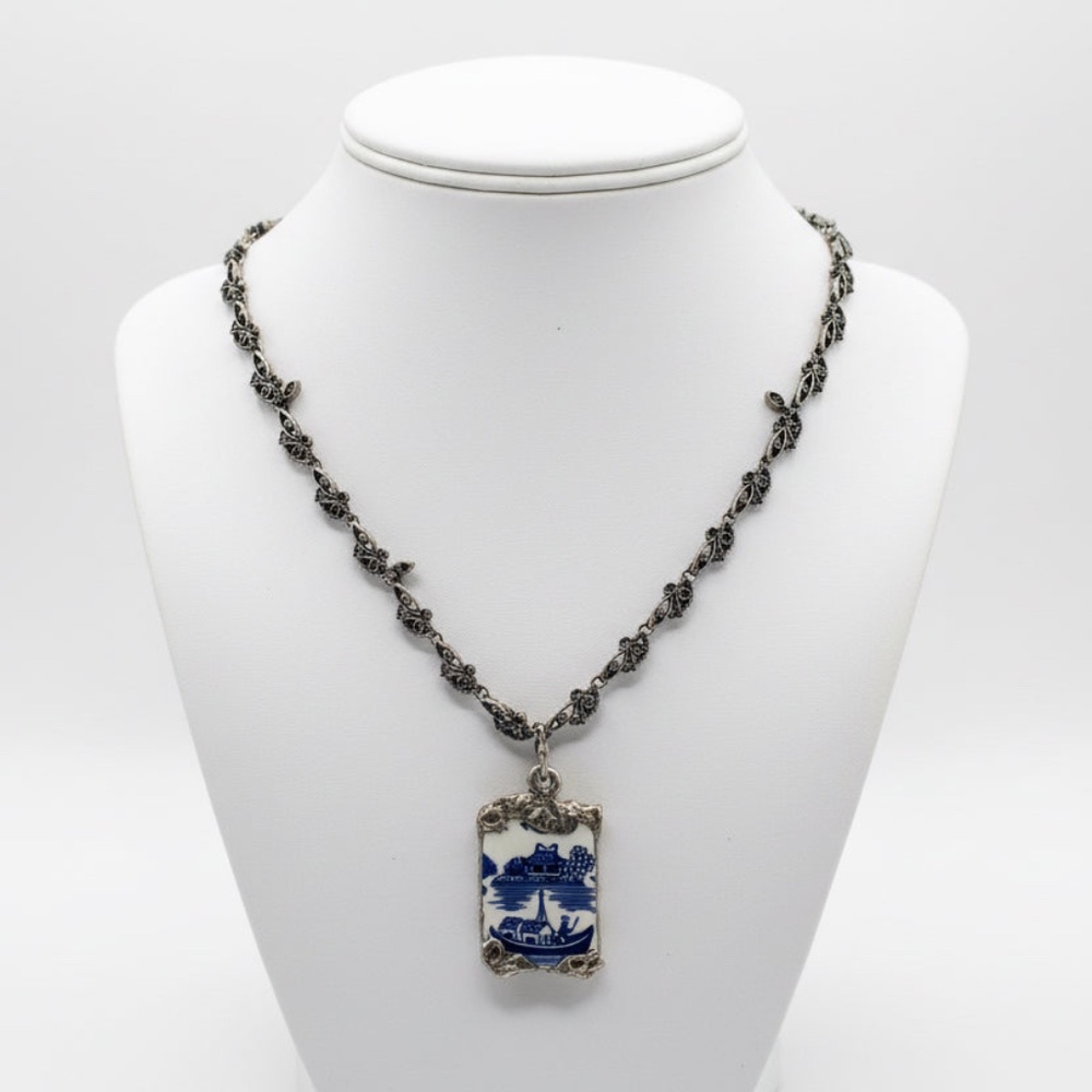 Churchill Willow China Artisan Silver Cabochon Pendant & VNTG Marcasite Necklace - Picture 9 of 17